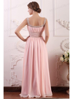 Baby Pink Empire Scoop Straps Prom Dress with Beading and Ruching