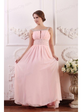 Baby Pink Empire Scoop Straps Prom Dress with Beading and Ruching