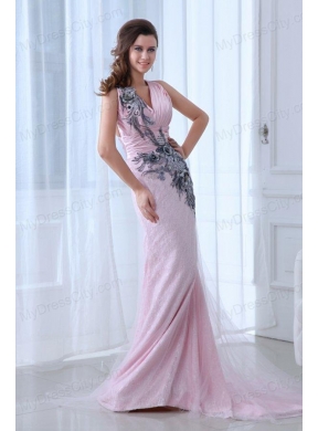 Beautiful Pink Column V-neck Tulle and Taffeta Prom Dress with Appliques