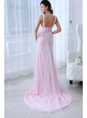 Beautiful Pink Column V-neck Tulle and Taffeta Prom Dress with Appliques