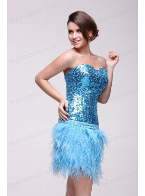 Blue Sequined Prom Dress with Sweetheart Knee-length