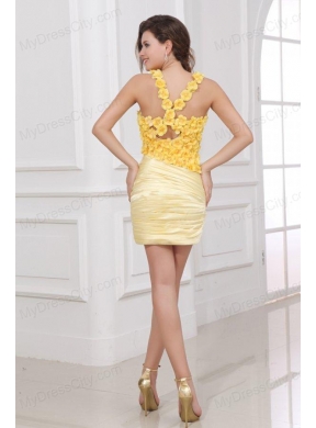 Column V-neck Ruching and Hand Made Flowers Mini-length Criss Cross Prom Dress