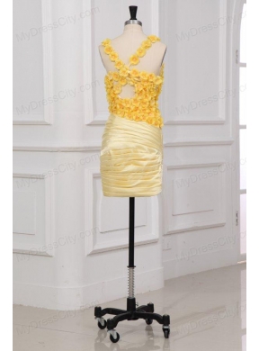 Column V-neck Ruching and Hand Made Flowers Mini-length Criss Cross Prom Dress