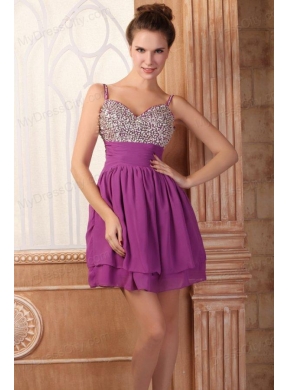 Fuchsia Short Mini-length Spaghetti Straps Prom Dress with Beading