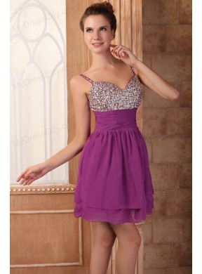 Fuchsia Short Mini-length Spaghetti Straps Prom Dress with Beading