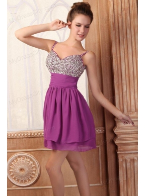 Fuchsia Short Mini-length Spaghetti Straps Prom Dress with Beading