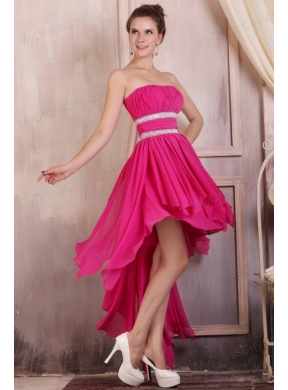 Hot Pink High-low Prom Dress with Beading and Ruching