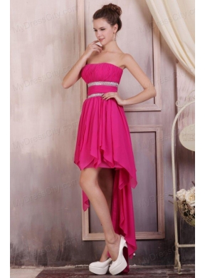 Hot Pink High-low Prom Dress with Beading and Ruching