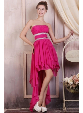 Hot Pink High-low Prom Dress with Beading and Ruching