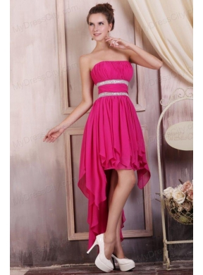 Hot Pink High-low Prom Dress with Beading and Ruching