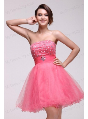 Pink Strapless Beaded Short Prom Dress with A-line