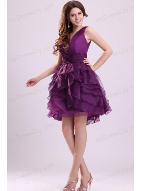 Pretty Purple V-neck Prom Dress with Ruffled Layers Mini-length