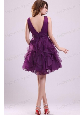 Pretty Purple V-neck Prom Dress with Ruffled Layers Mini-length