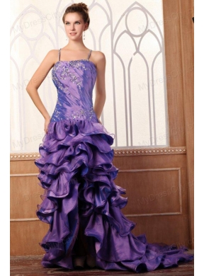 Purple Column Spaghetti Straps Prom Dress with Beading and Layers