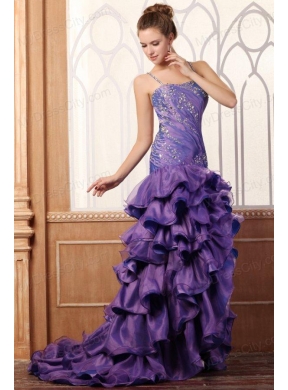 Purple Column Spaghetti Straps Prom Dress with Beading and Layers