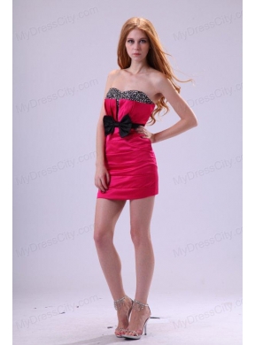 Red Column Sweetheart Mini-length Taffeta Beading and Bowknot Red Prom Dress