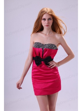 Red Column Sweetheart Mini-length Taffeta Beading and Bowknot Red Prom Dress