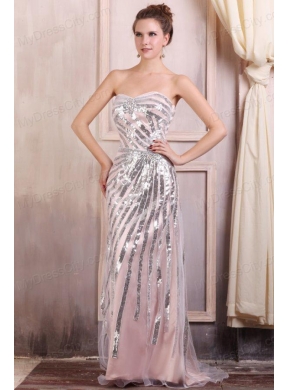 Sequined Champagne Column Sweetheart Prom Dress with Brush Train