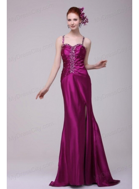 Sexy Column Straps Beading Elastic Woven Satin Brush Train Fuchsia Prom Dress with Criss Cross