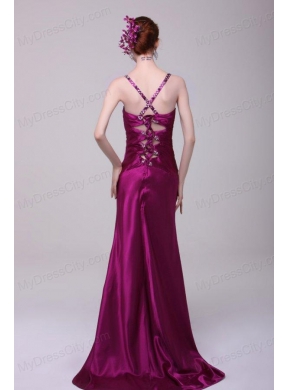 Sexy Column Straps Beading Elastic Woven Satin Brush Train Fuchsia Prom Dress with Criss Cross