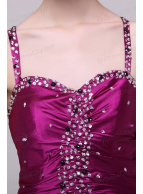 Sexy Column Straps Beading Elastic Woven Satin Brush Train Fuchsia Prom Dress with Criss Cross