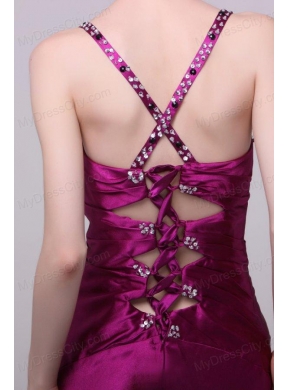 Sexy Column Straps Beading Elastic Woven Satin Brush Train Fuchsia Prom Dress with Criss Cross