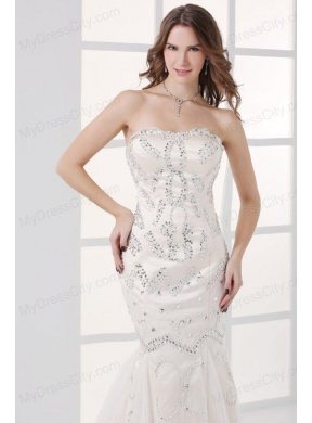 White Mermaid Sweetheart Court Train Prom Dress with Beading