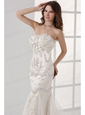 White Mermaid Sweetheart Court Train Prom Dress with Beading