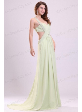 Sexy Empire Halter Chiffon Brush Train Criss Cross Beading Prom Dress in Yellow Green