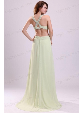 Sexy Empire Halter Chiffon Brush Train Criss Cross Beading Prom Dress in Yellow Green