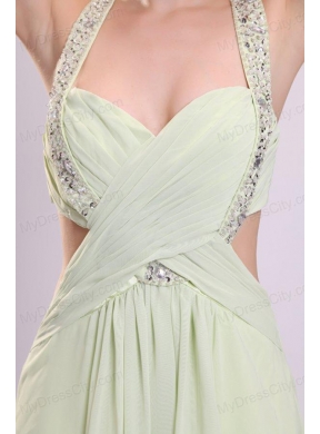 Sexy Empire Halter Chiffon Brush Train Criss Cross Beading Prom Dress in Yellow Green