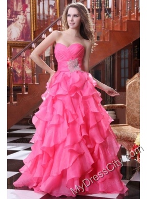 Hot Pink A-line Sweetheart Prom Dress with Beading and Ruffles