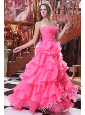 Hot Pink A-line Sweetheart Prom Dress with Beading and Ruffles