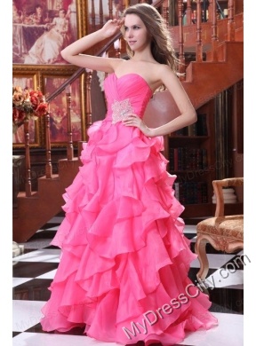 Hot Pink A-line Sweetheart Prom Dress with Beading and Ruffles