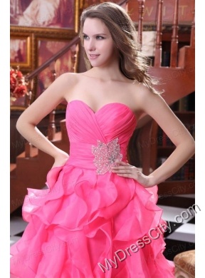 Hot Pink A-line Sweetheart Prom Dress with Beading and Ruffles