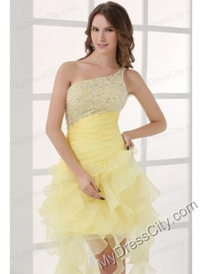 Light Yellow One Shoulder Asymmetrical Organza Prom Dress with Beading