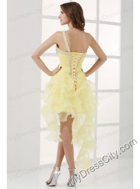 Light Yellow One Shoulder Asymmetrical Organza Prom Dress with Beading