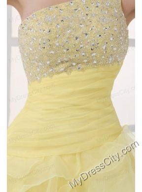 Light Yellow One Shoulder Asymmetrical Organza Prom Dress with Beading