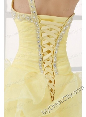 Light Yellow One Shoulder Asymmetrical Organza Prom Dress with Beading