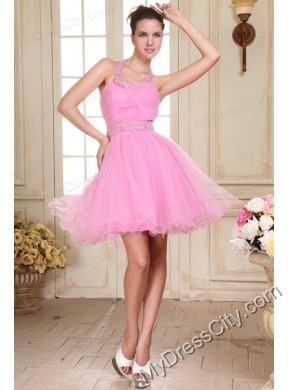 Rose Pink Halter Top Neck Mini-length Beading Prom Dress with Organza