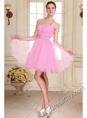 Rose Pink Halter Top Neck Mini-length Beading Prom Dress with Organza