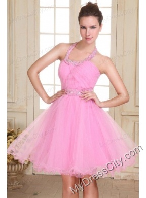 Rose Pink Halter Top Neck Mini-length Beading Prom Dress with Organza