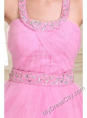 Rose Pink Halter Top Neck Mini-length Beading Prom Dress with Organza