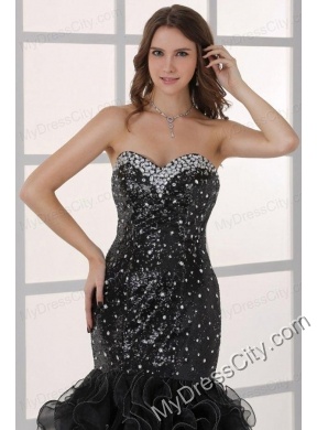 Sweetheart Black Mermaid Sequins Ruffles Prom Dress with Beading