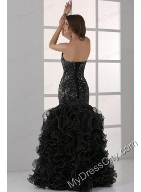 Sweetheart Black Mermaid Sequins Ruffles Prom Dress with Beading