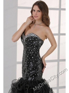 Sweetheart Black Mermaid Sequins Ruffles Prom Dress with Beading