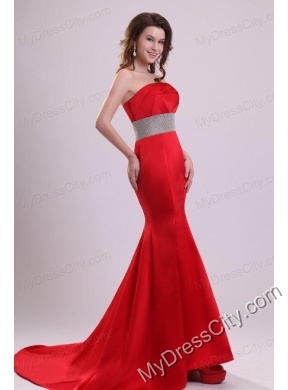 2014 Sexy Strapless Mermaid Beading Brush Train Prom Dress in Red