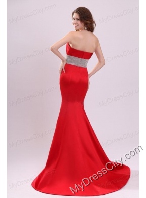 2014 Sexy Strapless Mermaid Beading Brush Train Prom Dress in Red