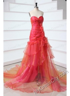 A-line Coral Red Sweetheart Ruching and Beading Court Train  Prom Dress