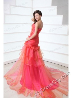 A-line Coral Red Sweetheart Ruching and Beading Court Train  Prom Dress